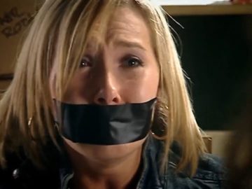 Rebecca Atkinson tape gagged in bondage